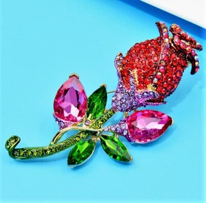 Red ROSE Jewel CORSAGE Rhinestone FLOWER Green Valentines Betsey Johnson Brooch - Picture 1 of 7