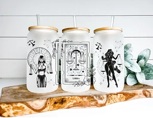 Libra Sign Zodiac Sign Glass Tumbler, 16oz Iced Coffee Cup, - Picture 1 of 4