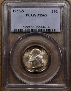 Cuarto de baño S 1935, graduación profesional MS 65 gemas tonos rojos, fecha semi clave 🔥 - Imagen 1 de 2