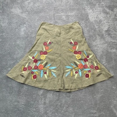 Falda Jill Mujer Mediana Verde Bordada Floral Lino Rosa Botón Lateral Línea A Foto 1 de 4