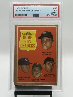 1962 Topps #53 AL HR Leaders PSA 5 (MK) Mantle Maris Killebrew Gentile Yankees - Image 1 of 2