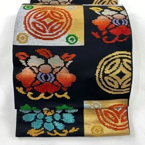 Woman Japanese Kimono Fukuro-obi Silk Flower Foil Gold Silver Thread Black - Picture 1 of 5