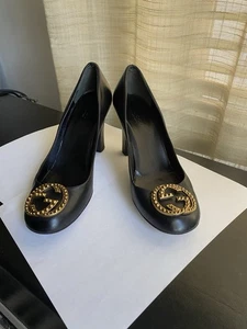 Gucci black leather loafers heels 37 pumps mules closed shoes slip ons slides - Picture 1 of 9