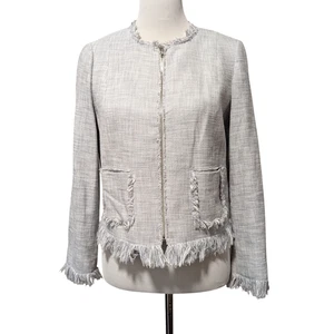 Rebecca Taylor Womens Sz 8 Gray Zip Front Fray Trim Pockets Slub Jacket Blazer - Picture 1 of 10