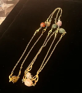 Vintage 1970's Semi-precious Double Strand Gold Tone Necklace Tiger Eye Quartz - Picture 1 of 2