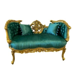 Baroque Rococo Style Bottle Green Settee/Sofa Vintage Gold Leaf Details - Picture 1 of 3