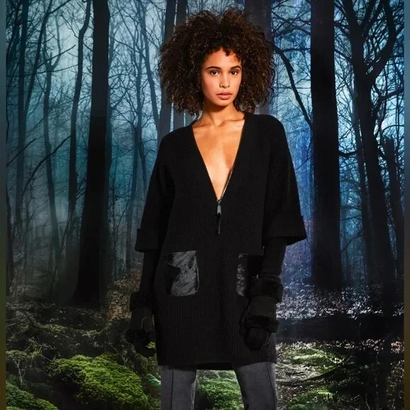 Elie Tahari 羊绒羊毛和小腿毛皮束腰外衣套衫 3/4 袖毛衣尺寸 sm — 第 1/4 张图片