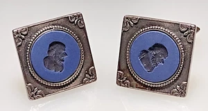 Vintage Sterling Silver 2-Color Blue Black Jasper Porcelain Intaglio Cufflinks - Picture 1 of 3