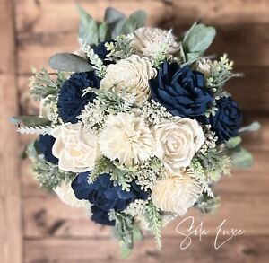 Navy And Ivory Off White Raw Sola Wood Flower Bridal Bouquet Wedding Boutonniere