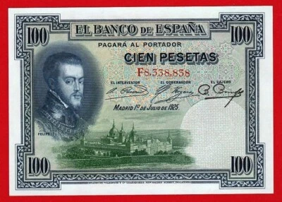 UNC, 100 Pesetas, 1925 ''Felipe II'' Serie F, ESPAÑA Foto 1 de 2
