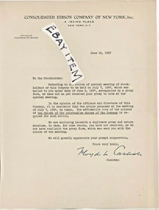 1937 COB Floyd L Carlisle SOCIETÀ EDISON CONSOLIDATA di NEW YORK azionisti - Foto 1 di 1