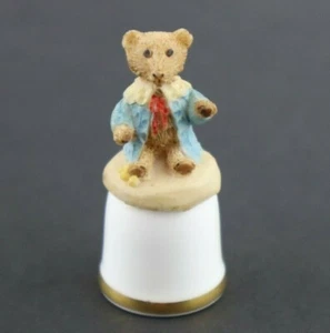Vintage Thimble Sutherland England Bear Blue Jacket Red Tie Sitting - Picture 1 of 6
