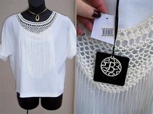 Bobeau Nordstrom NEW $50 dress white fringe top blouse size L crochet neck shirt - Picture 1 of 11