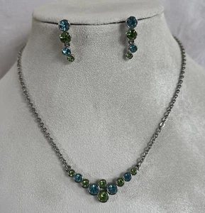 Lia Sophia Lime Berry Necklace Earrings Silver Tone Green Blue Bezel Set - Picture 1 of 13