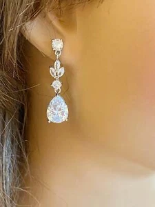 CZ Crystal Tear Drop Bridal Earrings or Gift for Her in Silver, Gold and Rose Go - Picture 1 of 8