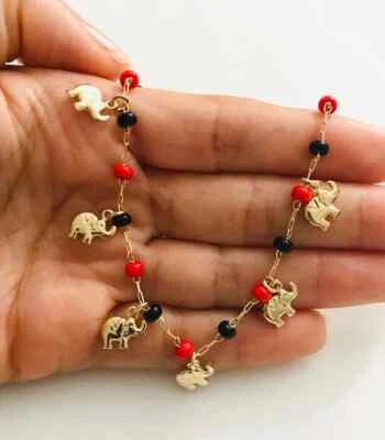 Tornozeleira de contas pretas vermelhas de elefante cheia de ouro 18K 11"/tobillera elefantes 11"-a54 - Imagem 1 de 4