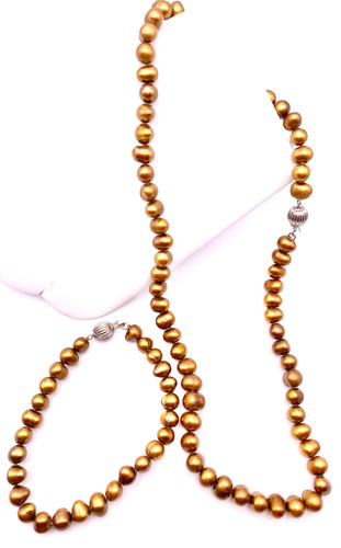 VETEMENTS Freshwater Pearl Necklace & Bracelet Set 8” 18” Chocolate Color Stainless Clasp