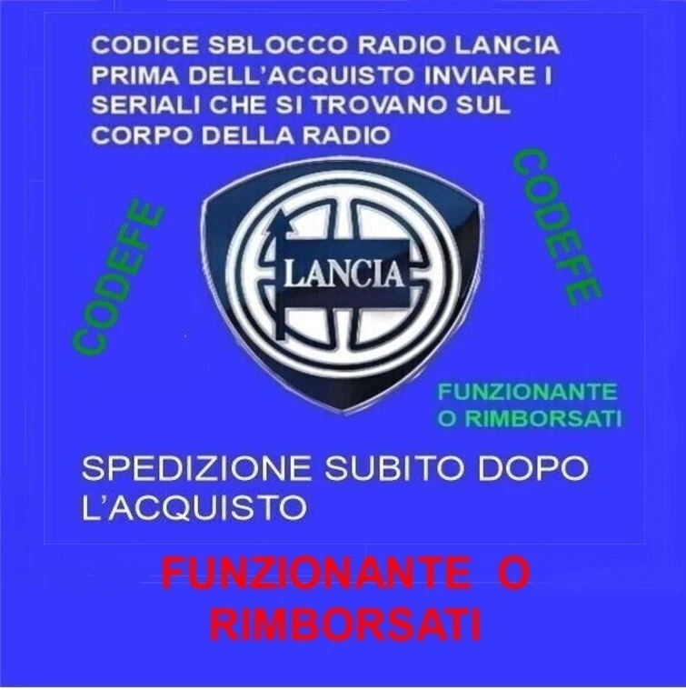 CODICE SBLOCCO RADIO AUTORADIO LANCIA Y SPEDIZIONE DO SUBITO IL CODE - Image 1 of 1