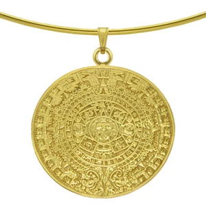 24k GP Pre-Columbian Aztec Solar Calendar 2" Pendant Necklace| Across The Puddle - Picture 1 of 4
