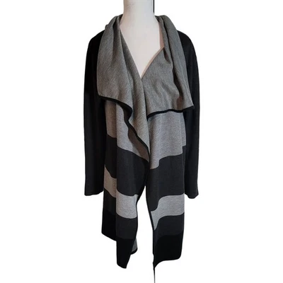 Кардиган Saks Fifth Avenue размер L черный этикетка водопад лацкан в полоску открытый передний - Изображение 1 из 4