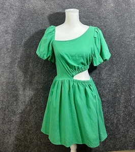 LUCCA Green Puff Sleeve Cutout Mini Dress L NWT Cottagecore Boho Asymmetrical - Picture 1 of 8