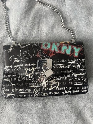 DKNY PAIGE Shoulder Hand Bag BLACK GRAFFITI Crossbody Purse Chain Strap - Image 1 of 4