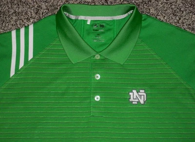 NWOT Men's ADIDAS ClimaCool Polo 2XL GREEN Striped w/NOTRE DAME Logo - Image 1 of 4