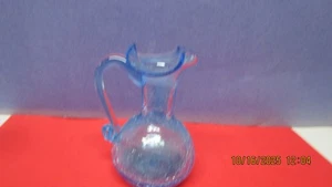 Light blue crackle glass handblown pitcher 4 1/2 inch fluted edge - Picture 1 of 2