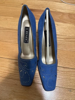 J. Renee Blue Suede Pump Shoes Heels Gold Studded Accent Women's Size 9 - Image 1 of 4