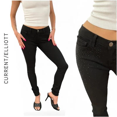NUEVO CON ETIQUETAS CURRENT/ELLIOTT | TALLA 27 | Jet Black Jean ajustado al tobillo pedrería $258 Foto 1 de 4
