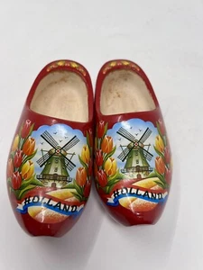 Decorative Wooden Dutch Clogs Holland Red Windmill Tulips 7 Inches - Picture 1 of 6