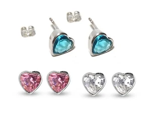 Heart Crystal Stud Earring Silver Full Bezel Set CZ with butterfly closure - Picture 1 of 8