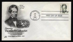 #1861 20c Thomas H Gallaudet, artesanía artística H/C FDC **CUALQUIER 5 = ENVÍO GRATUITO** - Imagen 1 de 1