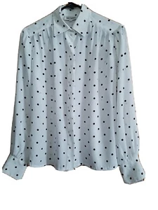 Investments Size 8 White with Black Polka Dot Pleated Long Sleeve Blouse - Picture 1 of 8