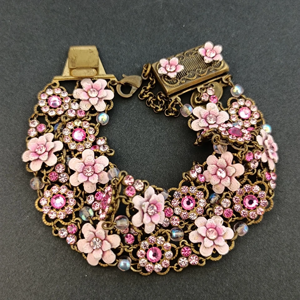 Pulsera Michal Negrin Rosa Romántica Vintage Floral Encaje Look Hada Ancha Brillante Foto 1 de 4