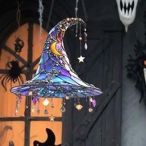 Stained Glass Witch Hat Hanging Decor Halloween Themed Gift - Picture 1 of 11