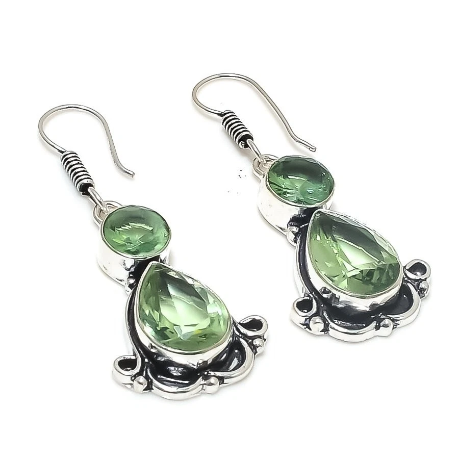 Brinco de prata esterlina 925 feito à mão com pedra preciosa de ametista verde tamanho 1,9" - Imagem 1 de 1