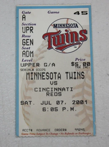Minnesota Twins Ticket Stub | July 7 2001 | Torii Hunter 27th Career HR Cover