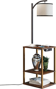 Rustic End Table Lamp with Table, Shelves, Charging Station(USB & AC Port) 3-...