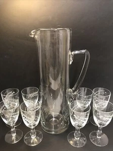 Vintage Tall Lemonade Cordial Jug 30cm Etched Leaves Pattern & 8 Etched Glasses - Picture 1 of 11