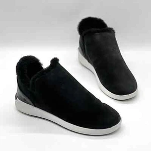 OLUKAI Malua Hulu Booties Womens 7 Black Leather Shearling High Top Slip On Shoe - Picture 1 of 11