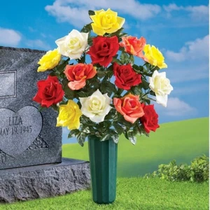 Multicolor Faux Roses Loved Ones Lost Memorial Cemetery Staked Flower Vase - Picture 1 of 1