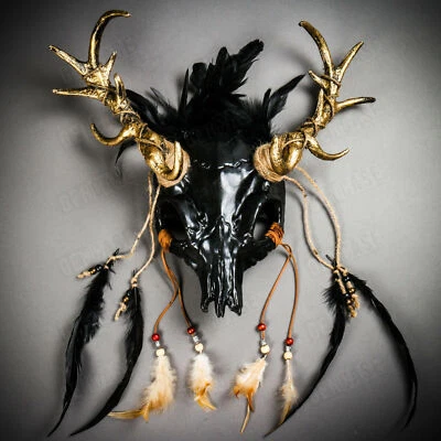Black Antelope Devil Animal Skull Golden Horn Halloween Masquerade Mask Headgear - Image 1 of 4