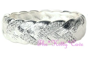 Silver Rhodium Pltd Textured Braided Hinged Bracelet Bangle w/ Swarovski Crystal - Picture 1 of 2