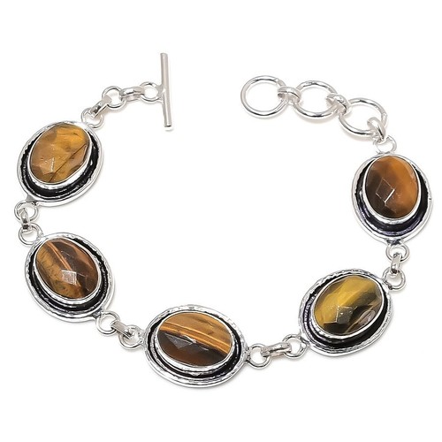 VALENTINO Bracciale in argento sterling 925 fatto a mano con pietre preziose occhio di tigre marrone misura 7 8''