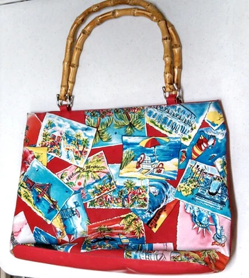 Diane Gilman Tote Handbag Purse NEW Large Canvas Bamboo Handles Snap Closure - Image 1 of 4