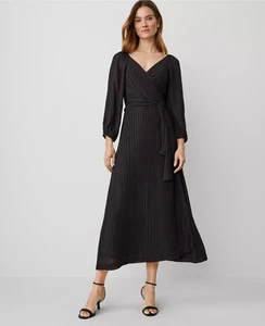 NWT $189 ANN TAYLOR  BLACK METALLIC STRIPE MIDI WRAP DRESS SZ 2P - Picture 1 of 3