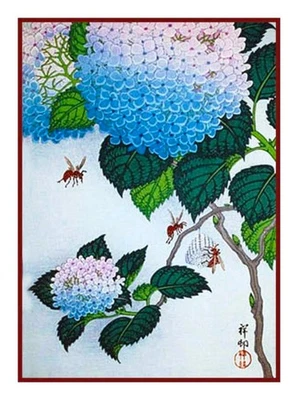 Hydrangea Flower Bees by Asian Ohara Koson Shoson Counted Cross Stitch Pattern - Image 1 of 3