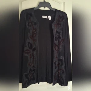 Chicos Travelers Knit Open Jacket 2 Black w Brown Velvet & Lace Applique Elegant - Picture 1 of 7