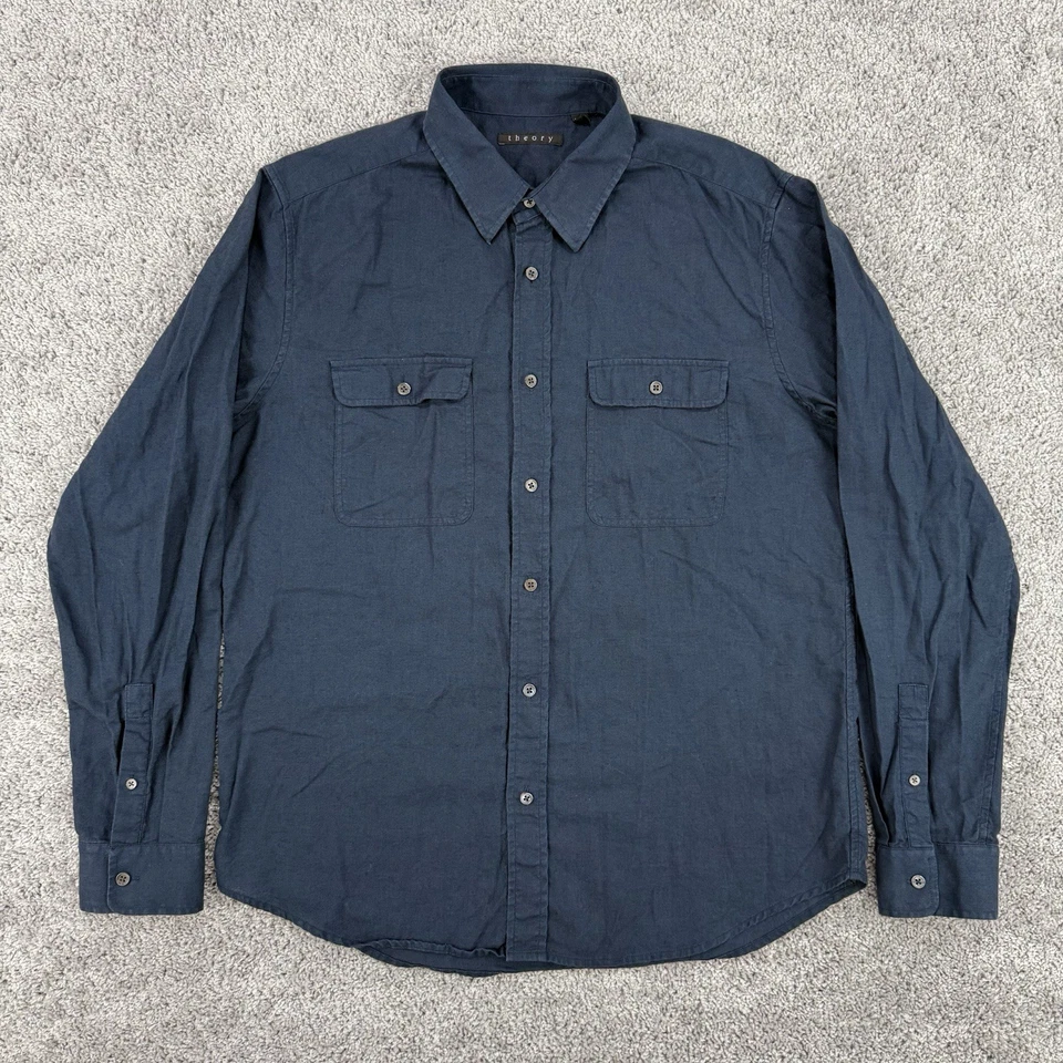 Theory Linen Shirt Mens XL Navy Gerald Traveled Chest Pockets Long Sleeve Preppy - Image 1 of 4